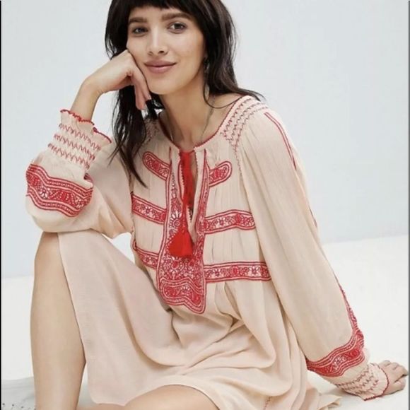 Free People Dress creamred Embroidery Oversized xs - Picture 2 of 6